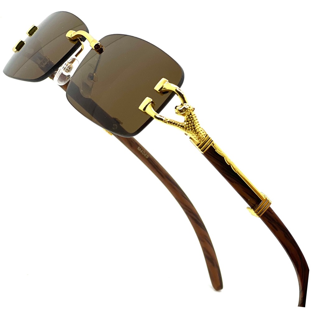 Hip Hop Men Sunglasses Cholo Buffs Gold Wood Grain Arms Fashion‎ Dark Brown Lens